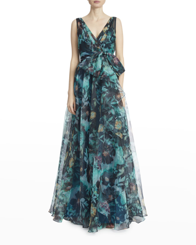 Shop Badgley Mischka Bow Floral-print Organza A-line Gown In Green Multi