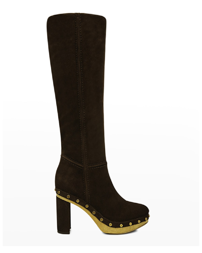 Shop Veronica Beard Glendale Suede Clog Knee Boots In Espresso Dark Bro