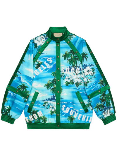 Shop Gucci Blue Printed Cotton Bomber Jacket