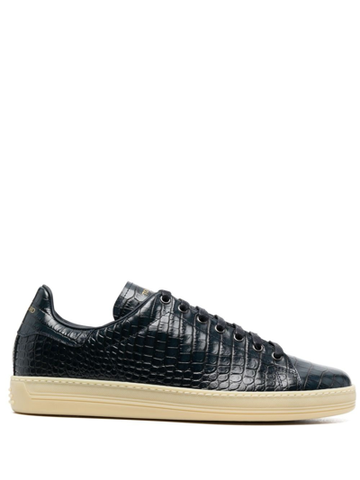 Shop Tom Ford Blue Warwick Grained Leather Sneakers