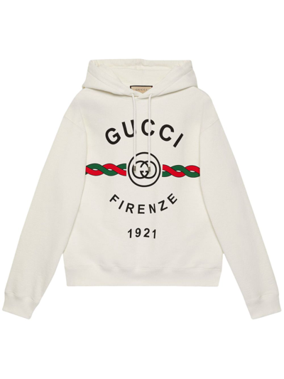 Shop Gucci Firenze 1921 Logo Print Hoodie - Men's - Cotton In White