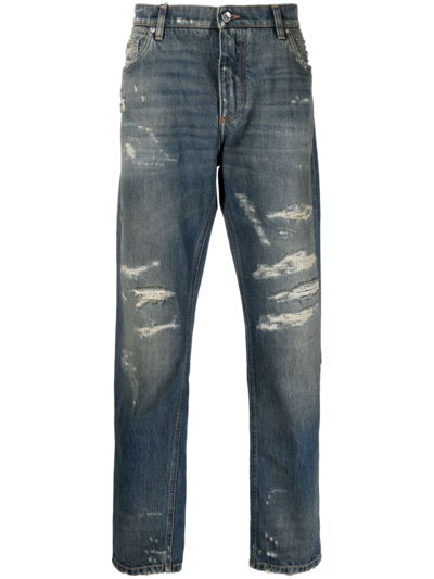 Shop Dolce & Gabbana Blue Distressed Straight Leg Jeans
