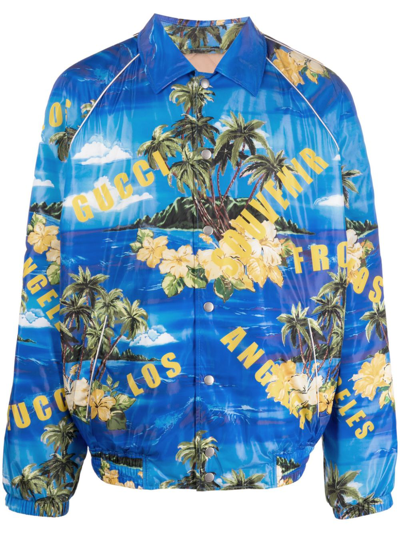 Shop Gucci Blue Tropical Print Bomber Jacket