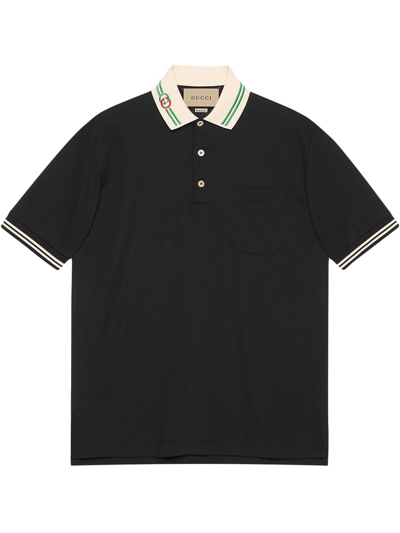 Shop Gucci Black Contrast-collar Cotton Polo Shirt