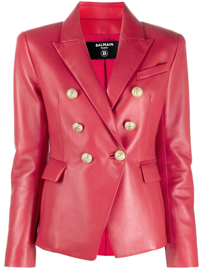Shop Balmain Double-breasted Leather Blazer - Women's - Calf Leather In Red
