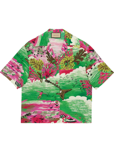 Shop Gucci Green Music Ocean Print Bowling Shirt
