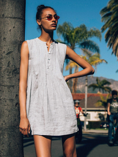 Faherty Isha Linen Swing Dress In Blue Mini Stripe