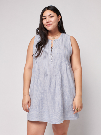 Faherty Isha Linen Swing Dress In Blue Mini Stripe