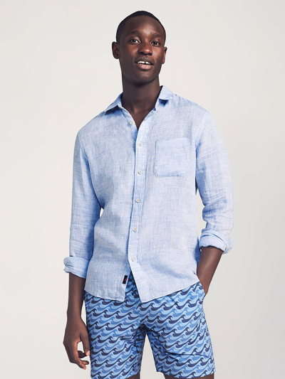 Shop Faherty Linen Laguna Shirt In Light Blue Melange