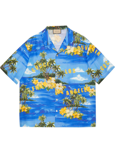 Shop Gucci Blue Printed Cotton Bowling Shirt