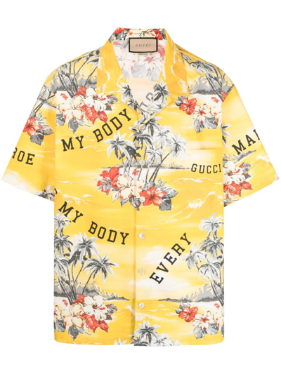 Shop Gucci Yellow Palm Tress Print Short Sleeve Shirt