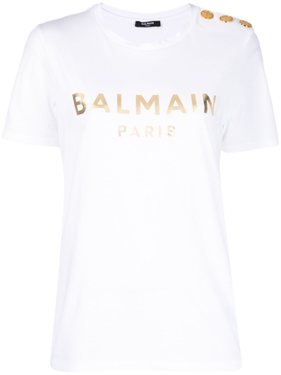 Shop Balmain White Button-embellished Organic Cotton T-shirt