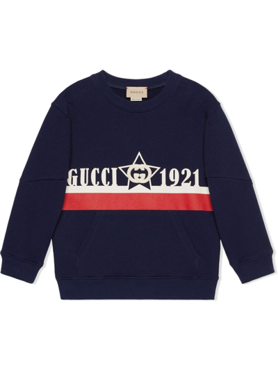 Shop Gucci Blue Logo Print Cotton Sweatshirt