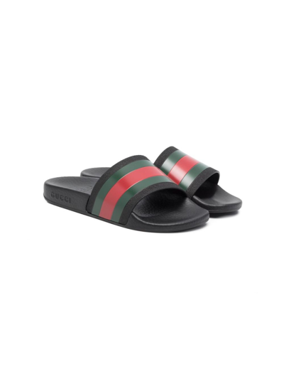 Shop Gucci Black Webbing Stripe Printed Slides