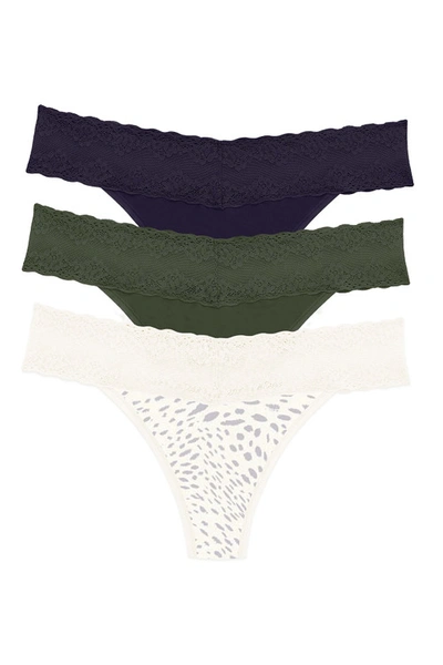 Shop Natori Bliss Perfection O/s Thong 3 Pack In Midnight Navy/vine/cheetah