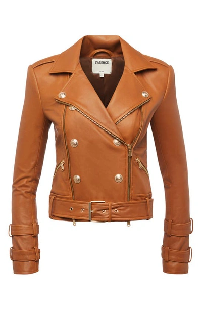 Shop L Agence Billie Belted Leather Moto Jacket In Cognac