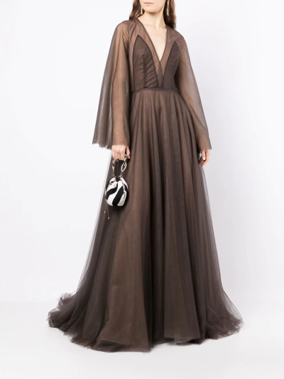Costarellos Sheer-panel Evening Gown In Brown