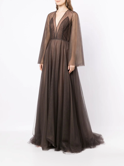 Shop Costarellos Sheer-panel Evening Gown In Brown