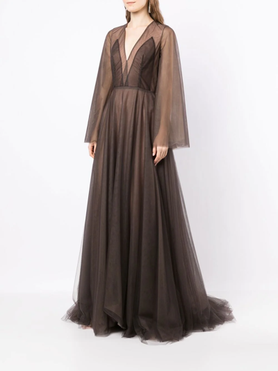 Costarellos Sheer-panel Evening Gown In Brown