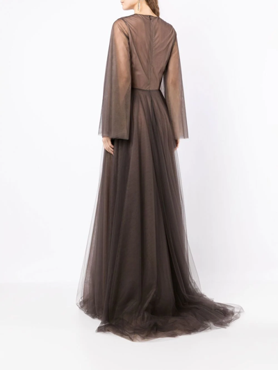 Costarellos Sheer-panel Evening Gown In Brown