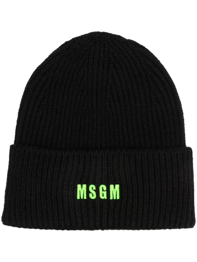 Shop Msgm Embroidered Logo Knitted Beanie In Schwarz