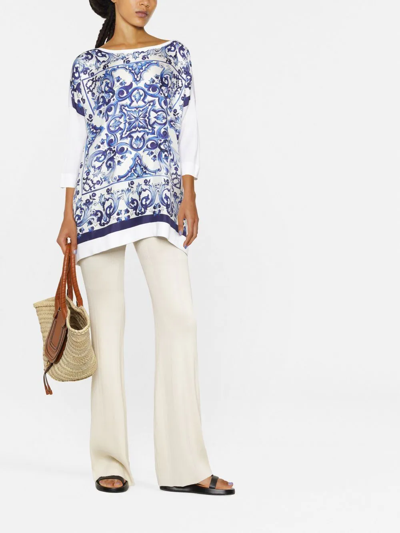 Dolce & Gabbana Silk Twill Crew-neck Pullover With Majolica Print In White