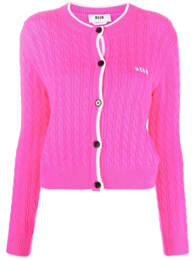 Shop Msgm Logo-embroidered Cable-knit Cardigan In Pink