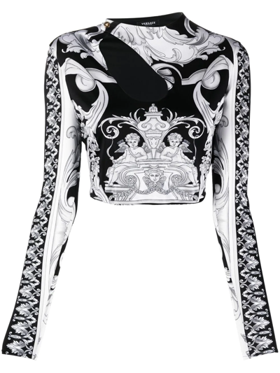 Versace Black And Gray Crop Top In Stretch Fabric With Allover Barocco Print Woman In Black