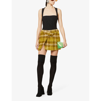 Shop Attico Check-print Slim-fit Woven Mini Skirt In Green Oil