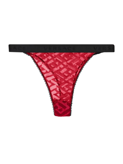 Shop Versace Women's Greca Signature Tulle Thong In Dark Red