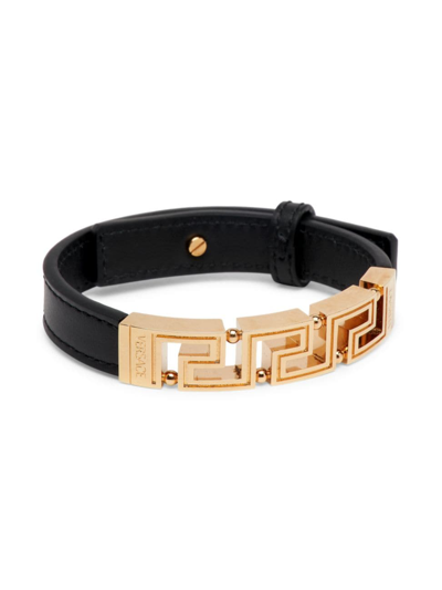 Shop Versace Men's Greca Logo Leather Bracelet In Black  Gold