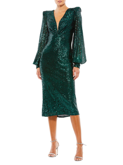 Shop Mac Duggal Women's Sequin Structured Bishop-sleeve Midi Dress In Black Emerald