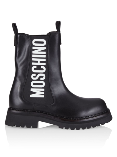 Shop Moschino Women's Logo Leather Short Boots In Nero