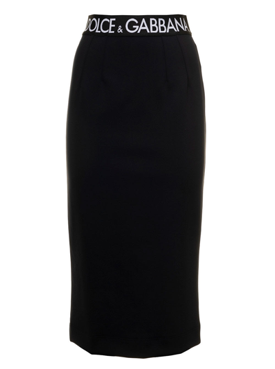 Shop Dolce & Gabbana Black Pencil Skirt In Neoprene With Jaquard Logo On Waist  Woman