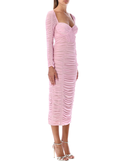 Shop Self-portrait Power Mesh Long Sleeve Midi Dress In Pink