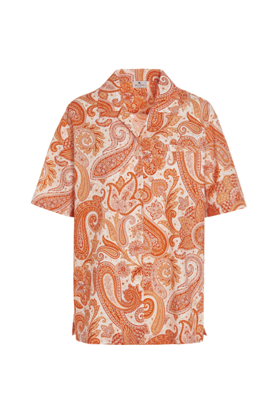 Shop Etro Liquid Paisley Bowling Shirt In Orange