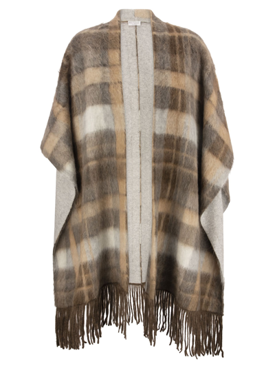 Shop Brunello Cucinelli Plaid Shawl With Fringes In Beige/brown