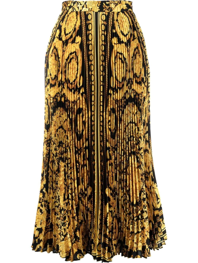 Shop Versace Barocco Pleated Midi Skirt In Yellow