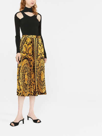 Shop Versace Barocco Pleated Midi Skirt In Yellow