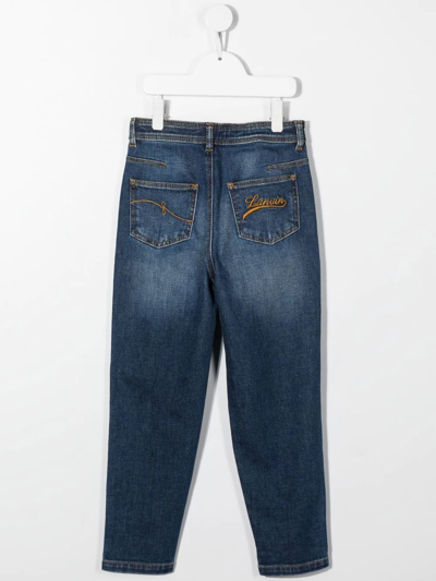 Shop Lanvin Enfant Embroidered-logo Tapered Jeans In Blue