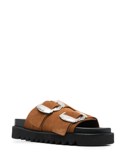 Metal-buckle Suede Two-strap Sandals In Brown