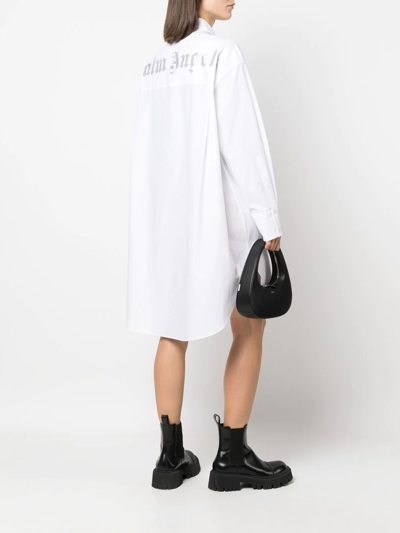 Shop Palm Angels Rhinestone Logo Shirt Dress In White