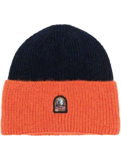 Shop Parajumpers Logo-patch Knitted Beanie In Blue