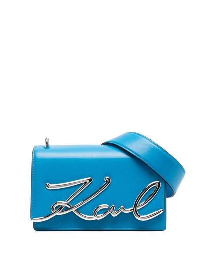 Shop Karl Lagerfeld K/signature Leather Shoulder Bag In Blue