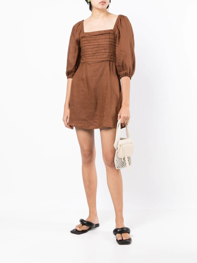 Faithfull The Brand Venezia Shirred Pintucked Linen Midi Dress In Brown