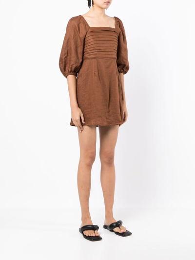 Faithfull The Brand Venezia Shirred Pintucked Linen Midi Dress In Brown