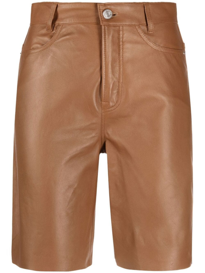 Shop Frame High-waisted Leather Shorts In Brown