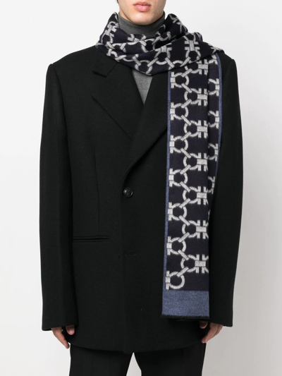 Ferragamo Blue And Grey Gancini Monogram Scarf In Blue