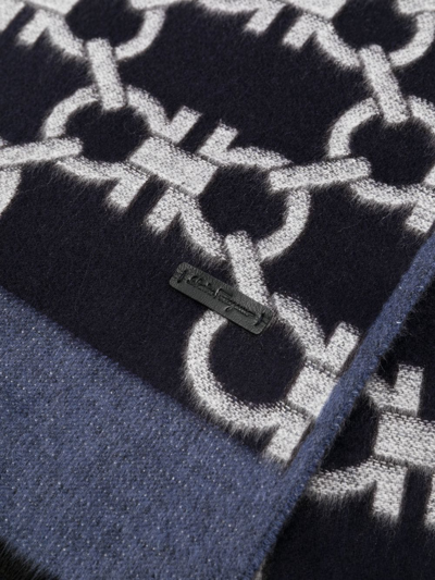 Ferragamo Blue And Grey Gancini Monogram Scarf In Blue
