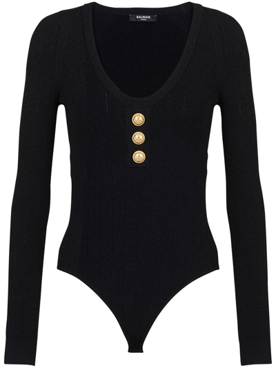 Shop Balmain Fine Ribbed Scoop Neck Bodysuit In Black